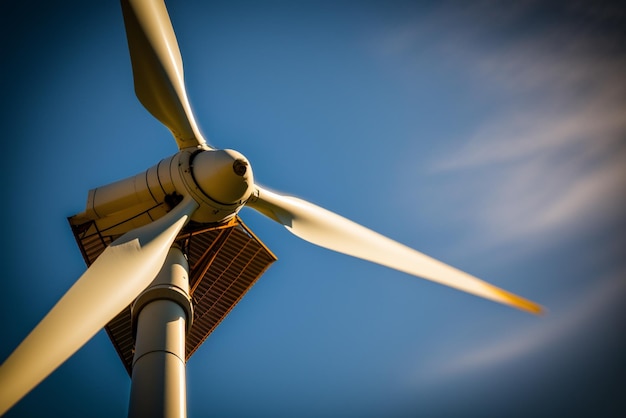 a wind turbine against a clear blue sky representing renewable energy and sustainable development