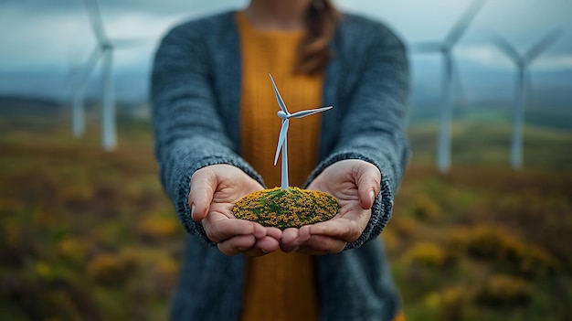 Photo wind turbine engineer holding a wind turbine model with turbines in the background concept of innovation and sustainability