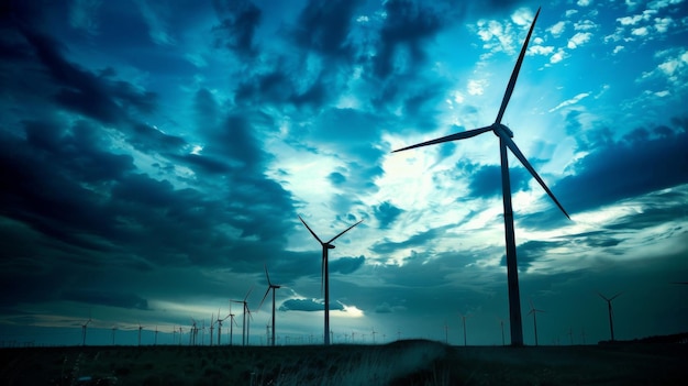 A wind turbine farm against a dramatic sky illustrating the potential of renewable energy sources to combat climate change and reduce environmental impact