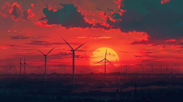 Wind turbine farm at sundown