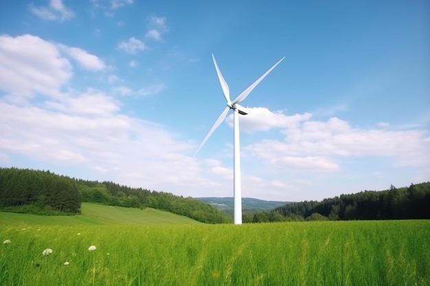 A wind turbine in a field with a blue sky and clouds