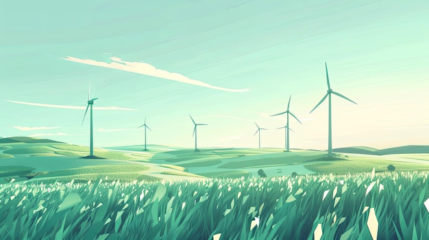 Wind Turbine Fields Ideal for companies in wind energy and ecotech Background shows fields with rotating turbines Generative AI