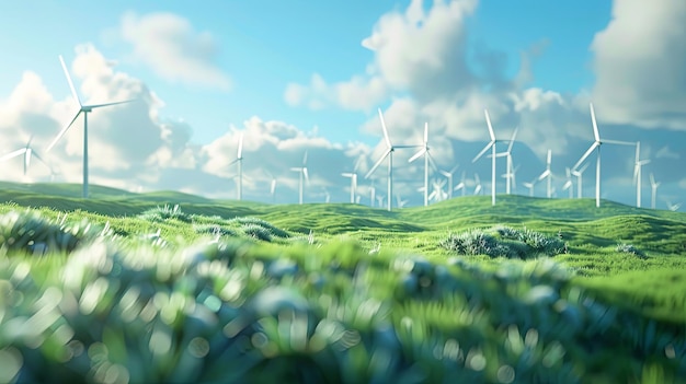 Wind Turbine Fields Ideal for wind energy and ecotech companies Depicts rotating turbines in vast fields Generative AI