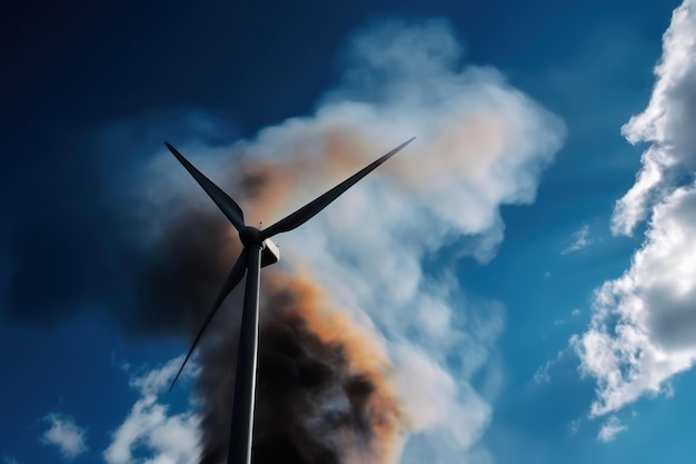 Wind turbine fire against a vivid blue sky generative ai