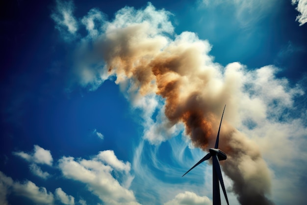 Wind turbine fire against a vivid blue sky generative ai