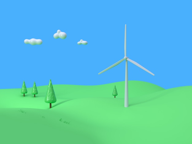 wind turbine green field mountain blue sky cartoon style abstract 3d rendering