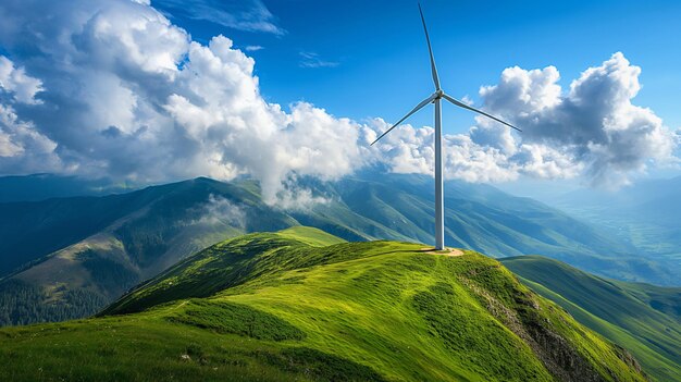 a wind turbine on a green hill with a blue sky and clouds