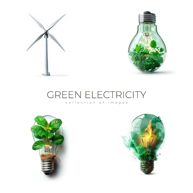 Wind Turbine and Green Light Bulbs Representing Clean EnergyFour Images Illustrate the Concept of Gr