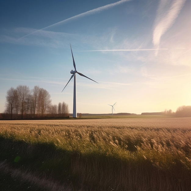 A wind turbine is in the middle of a field of wheat.