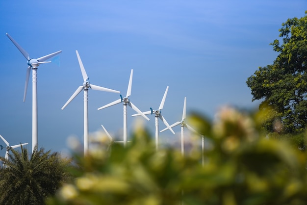 Wind turbine landscape natural energy green Eco power concept at wind turbines farm blue sky 