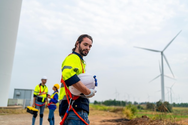 Wind turbine maintenance engineer at wind farm construction site