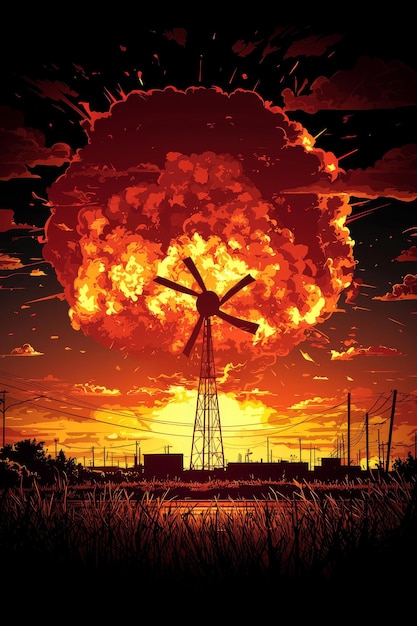 Photo wind turbine silhouette against a fiery sunset explosion