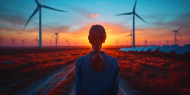 Photo wind turbine and solar panels at sunset