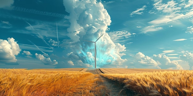 Photo a wind turbine in a wheat field with a blue sky and clouds