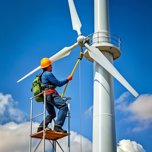 Photo wind turbine with antenna being repaired by a technician