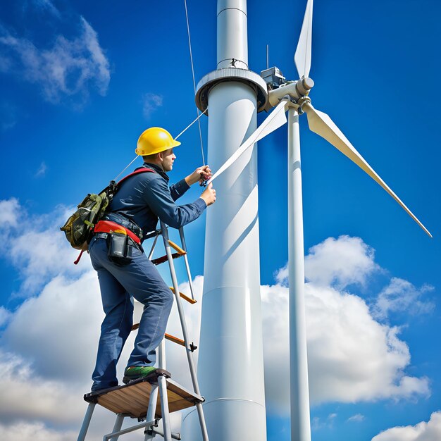 Wind turbine with antenna being repaired by a technician