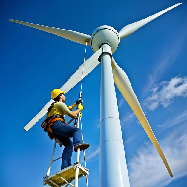 Photo wind turbine with antenna being repaired by a technician