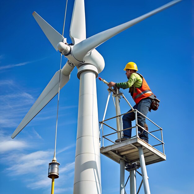 Photo wind turbine with antenna being repaired by a technician