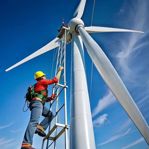 Wind turbine with antenna being repaired by a technician