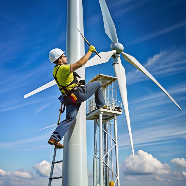 Photo wind turbine with antenna being repaired by a technician