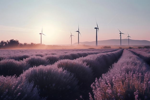 Wind turbines against the backdrop of a lavender field and sunset Generative AI