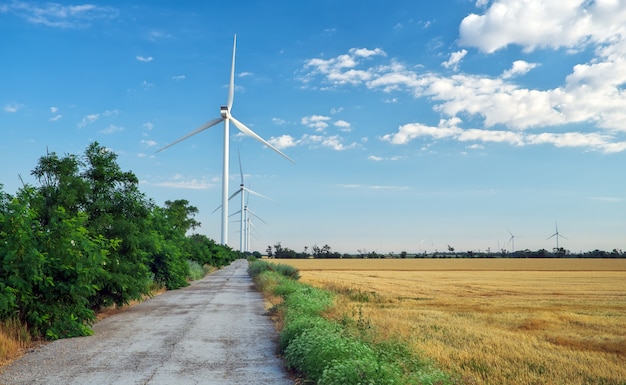 Wind turbines and agricultural field on a summer cloudy day. Energy production, clean and renewable energy.