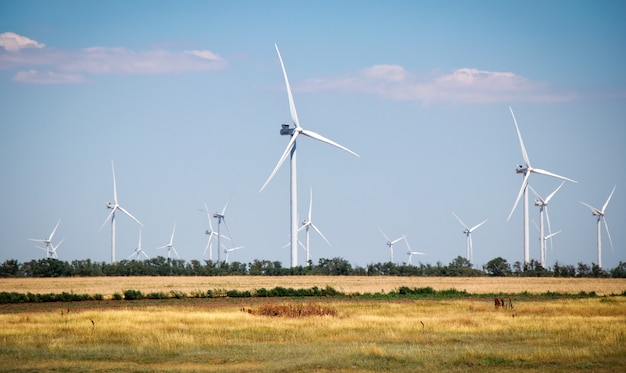 Wind turbines and agricultural field on a summer day. Energy production, clean and renewable energy.