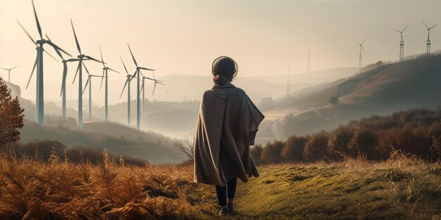 Wind turbines are alternative electricity sources the concept of sustainable resources People in the community with wind generators turbines Renewable back view