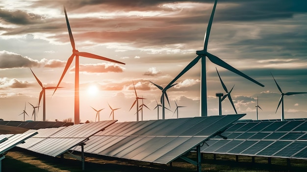 Photo wind turbines are shown in a row with the sun setting behind them