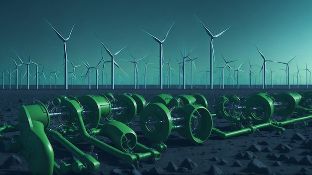 Wind turbines in the desert 3D illustration Renewable energy concept