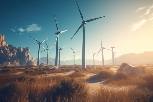 Wind turbines Eco field sky Generate Ai