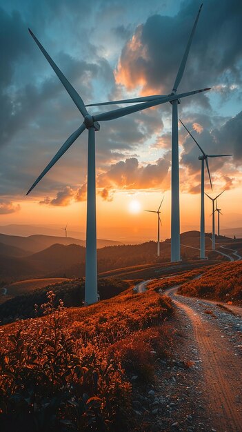 Wind turbines farm at beautiful orange sunset copy text space