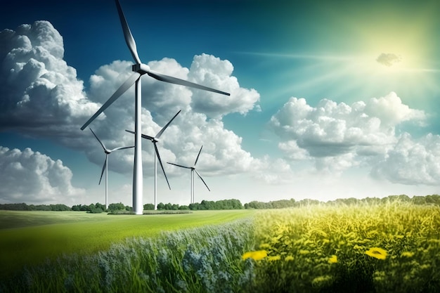 Wind turbines in the field renewable energy concept eco friendly environment earth day Ai generated