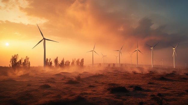 Wind turbines in the field at sunset Alternative energy source