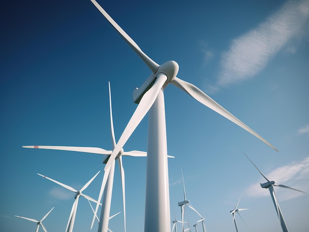 Wind turbines in a field with a blue sky in the background