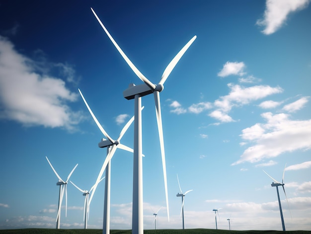 Wind turbines in a field with a blue sky and clouds