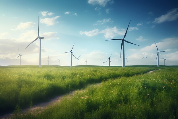 Wind turbines in a field with a blue sky and sun shining on them.