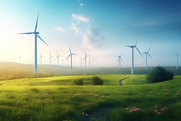 Wind turbines in a field with a blue sky and the sun shining through the clouds.