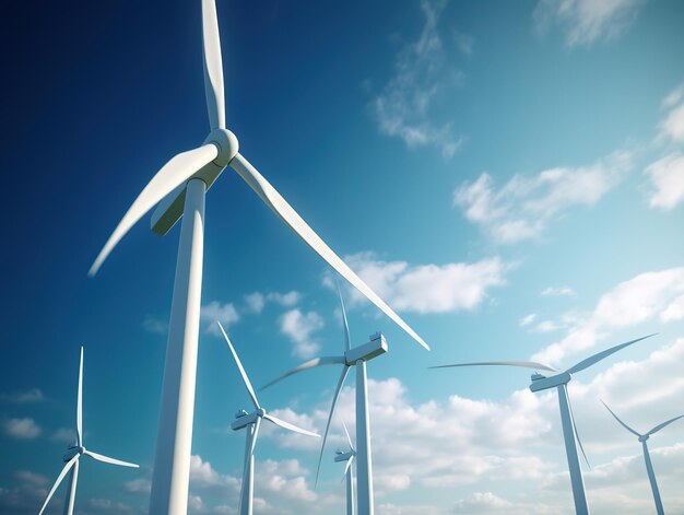 Wind turbines in a field with the sky in the background