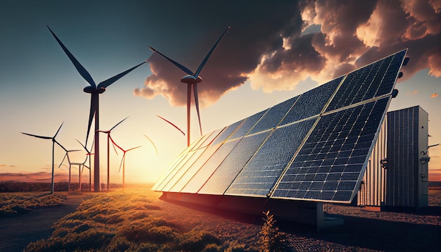 Wind turbines in a field with a sun setting behind them