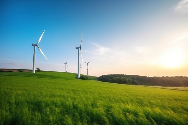 Wind turbines in a field with the sun setting