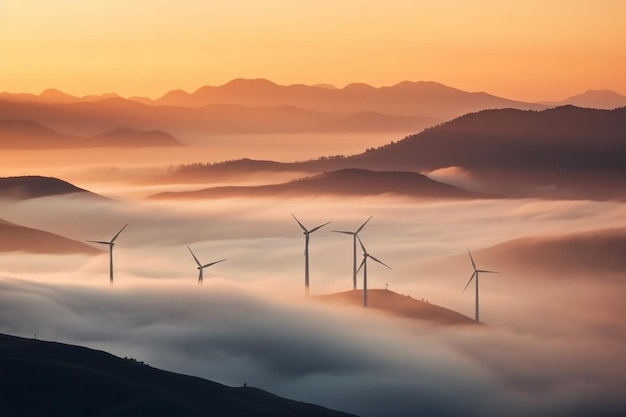 Wind turbines in the fog with the sun setting behind them