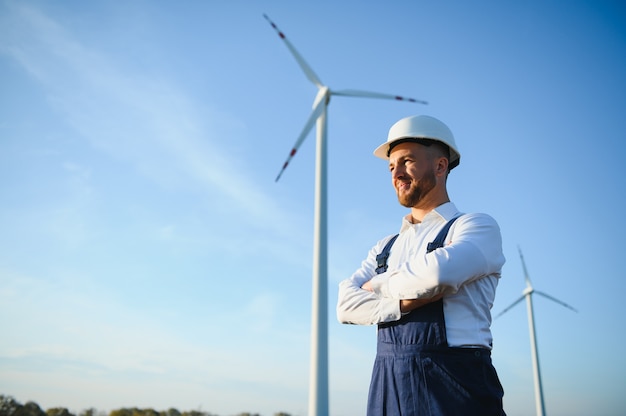 Wind turbines generating electricity. energy conservation concept.