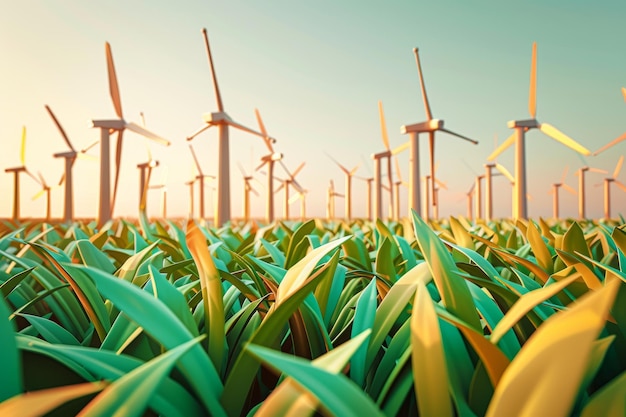 Wind turbines in a green field with yellow plants capturing the blend of renewable energy technolog