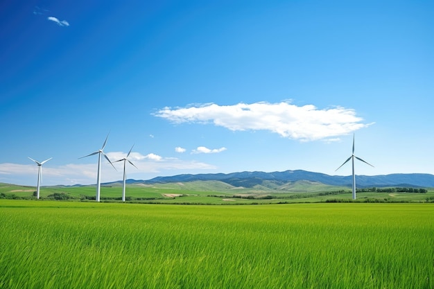 Wind turbines in a green grass field against a clear sky