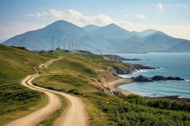 Wind turbines on green hills coastal ocean view energy generation and panoramic view