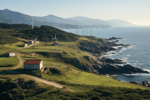 Wind turbines on green hills coastal sea view energy generation and panoramic landscape