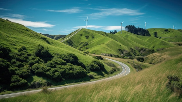 Wind turbines on the hill green alternative energy Generative AI