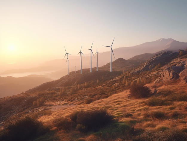 Wind turbines on a hill with the sun setting behind them