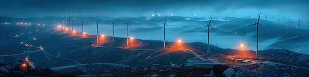 Photo wind turbines illuminate the night landscape